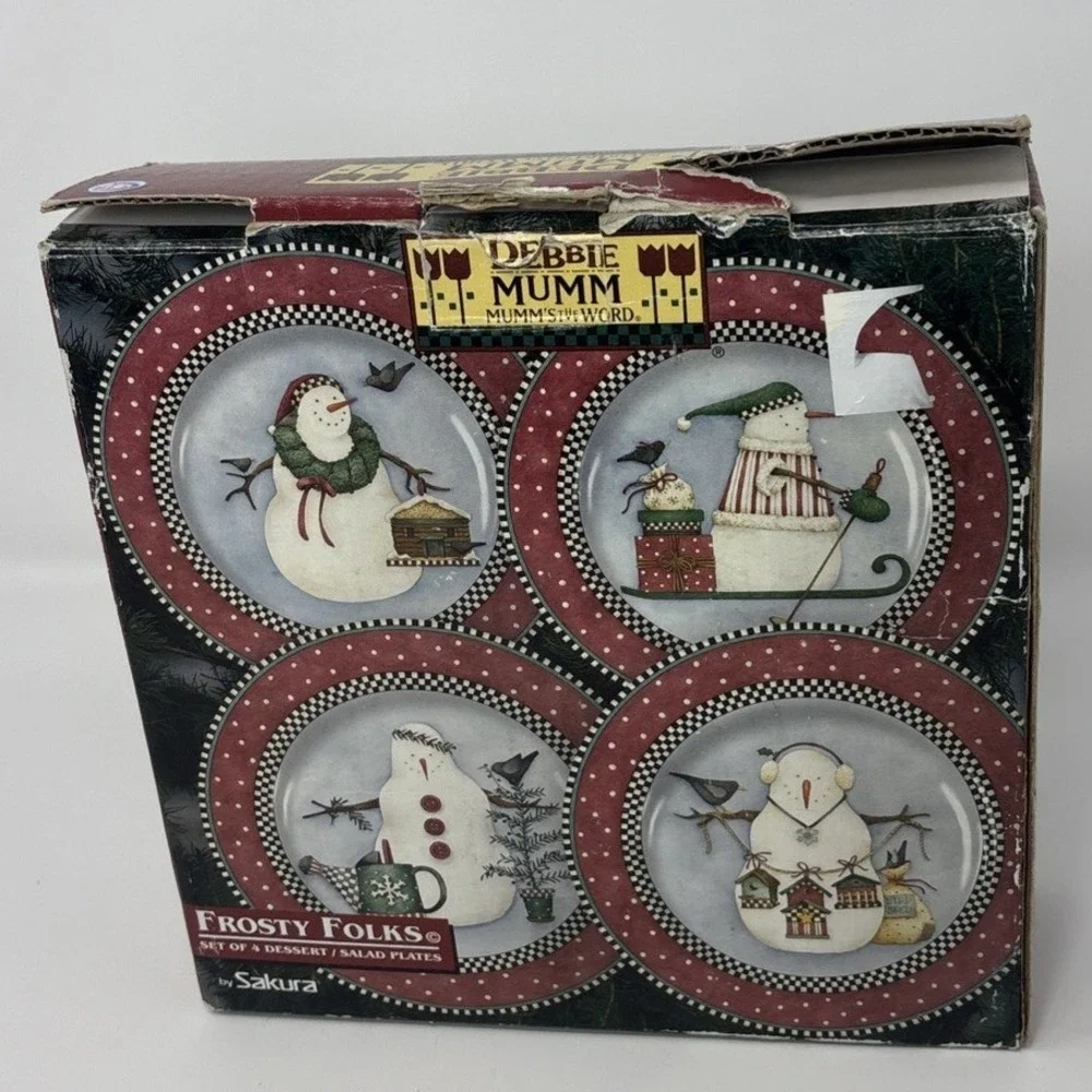 Debbie Mumm Frosty Folks Snowman Dessert Salad Plate Set of 4 Sakura Red Black‎